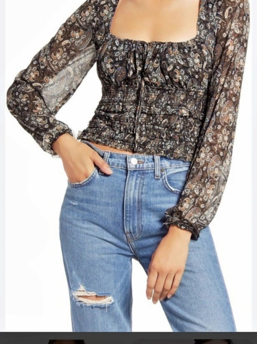Free People Lolita Top Black Paisley Square Neck Sheer Sleeve Size S Whimsigoth